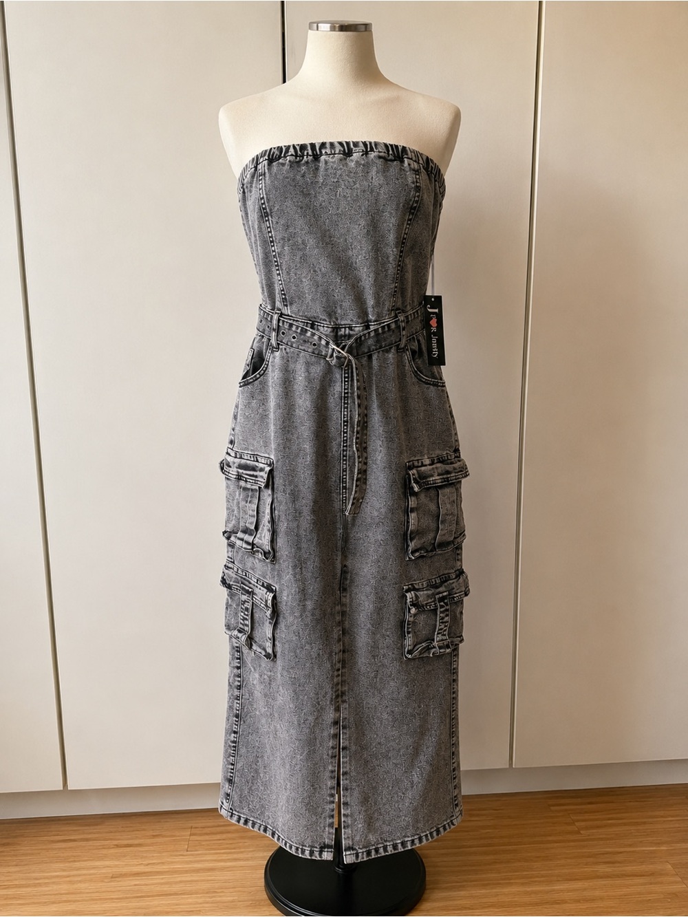 Strapless Cargo Denim Jumpsuit Dress - Gray